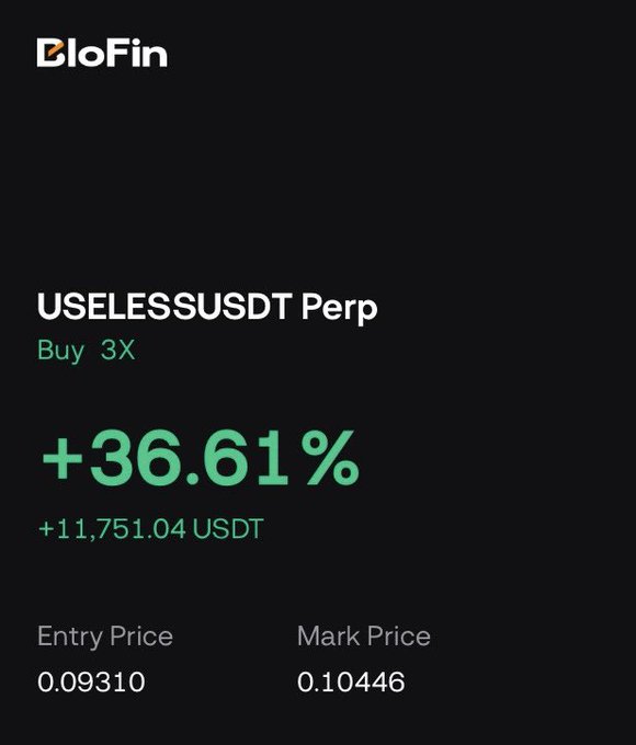 A BloFin trading position showing a USELESSUSDT Perp Buy position at 3X leverage with a +36.61% gain, equaling +11,751.04 USDT.
