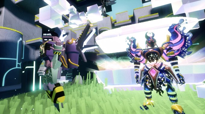 A blocky, purple mech labeled "MH-MTL" stands alongside a vibrantly colored, winged warrior avatar with striped stockings and horned headgear in a stylized voxel-based world, capturing the social gameplay experience described in the post about gathering with the HV-MTL community at OthersideMeta's challenge.