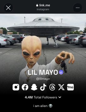 The image is a Linktree page for "Lil Mayo" (@lilmayo) on Instagram, featuring an alien-like character in a suit holding car keys in front of a UFO, with social media icons showing 4.4M total followers and the text "i am alien." The post promotes Lil Mayo as a meme character being featured in $ANSEM's Return to Memes series, leveraging the alien/UFO theme as "the perfect recipe for onboarding the normies" into the meme coin space.
