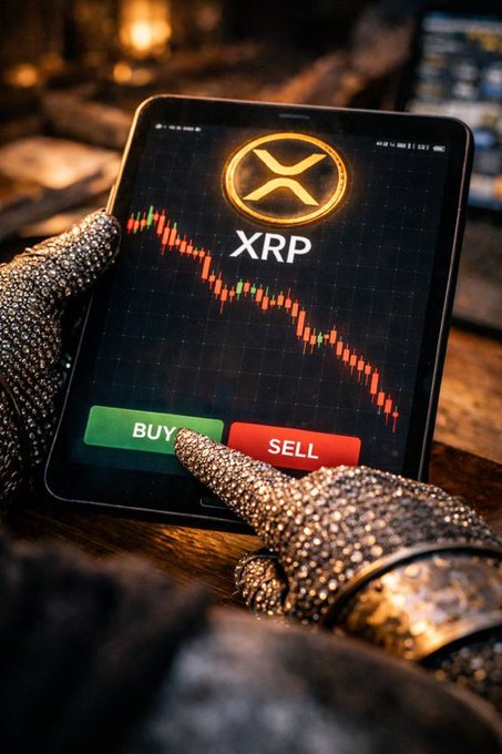A tablet displaying the XRP cryptocurrency logo and a downward-trending red candlestick chart, with green 'BUY' and red 'SELL' buttons being pressed by chainmail-gloved fingers.