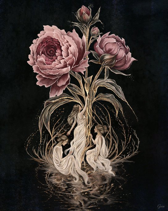A dark, elegant artistic illustration of three ethereal women in flowing white dresses at the base of large pink and red rose flowers with golden botanical details.