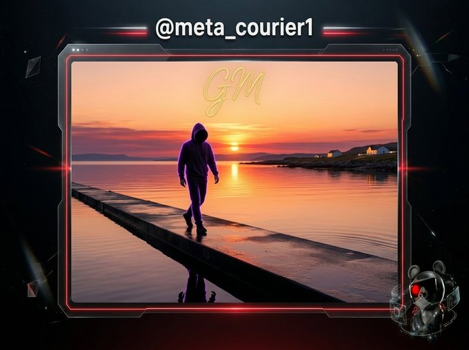 A digital greeting card from '@meta_courier1' featuring a hooded figure walking on a pier at sunset with 'GM' written in gold cursive, framed by a futuristic red neon border with a mouse character in the corner.