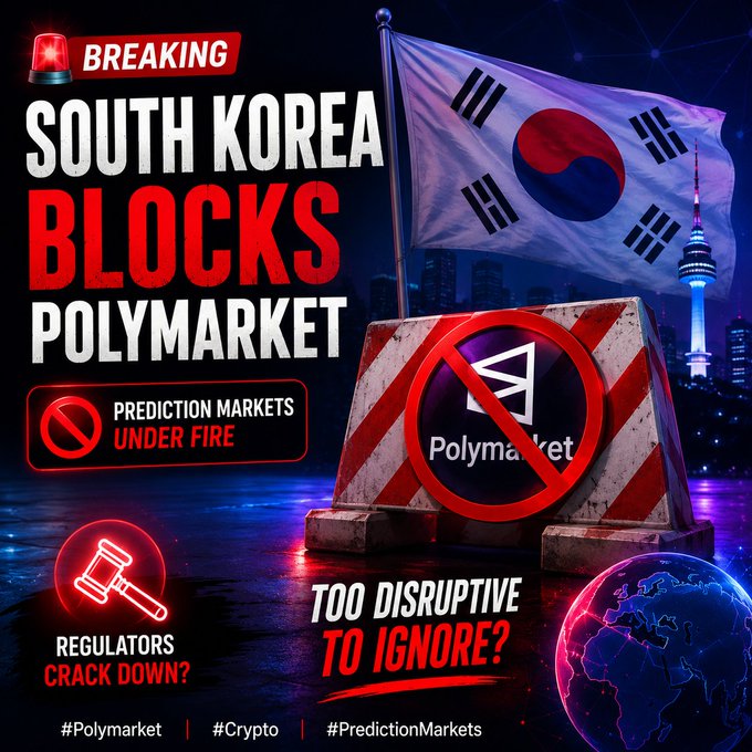 A news graphic titled 'BREAKING: SOUTH KOREA BLOCKS POLYMARKET' with a prohibition sign over the Polymarket logo, accompanied by text like 'PREDICTION MARKETS UNDER FIRE', 'REGULATORS CRACK DOWN?', 'TOO DISRUPTIVE TO IGNORE?', and hashtags '#Polymarket #Crypto #PredictionMarkets'.