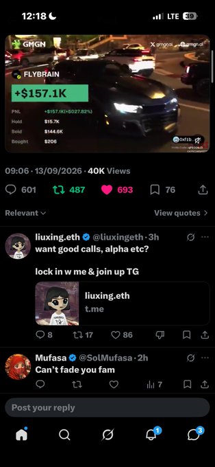 A mobile screenshot of a social media post showing crypto token performance with $FLYBRAIN up 5027.62% to $157.1K, alongside comments from users liuxing.eth and Mufasa.