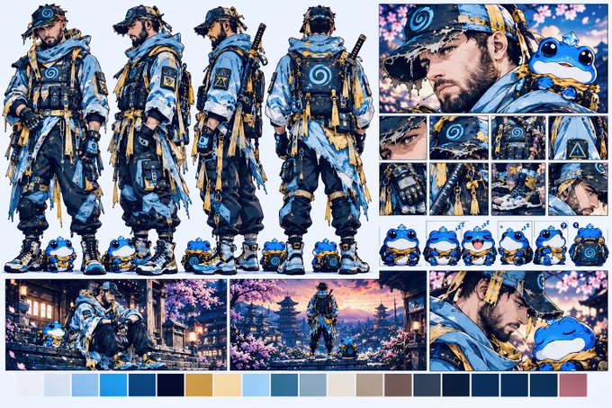 Character design artwork featuring a samurai-inspired figure in blue and gold traditional clothing with a frog companion, shown in multiple poses and detailed design references.