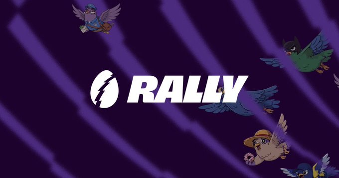 A purple banner displays the 'RALLY' logo surrounded by cartoon birds.