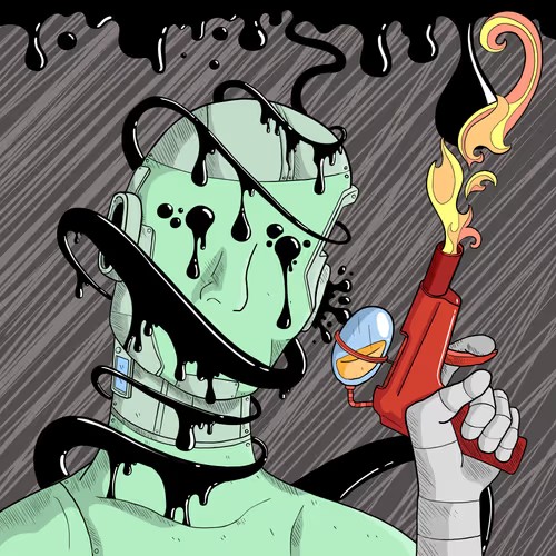 A cartoon-style illustration of a green cyborg/robotic figure covered in black dripping slime, holding a red device with a flame shooting out of it.