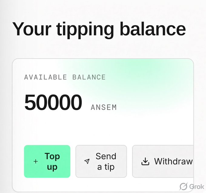 The image displays a "Your tipping balance" interface showing an available balance of 50000 ANSEM, with options to "Top up," "Send a tip," or "Withdraw." It illustrates the new tipping feature on X that allows users to easily send $ANSEM tips directly within the platform without needing external wallets.