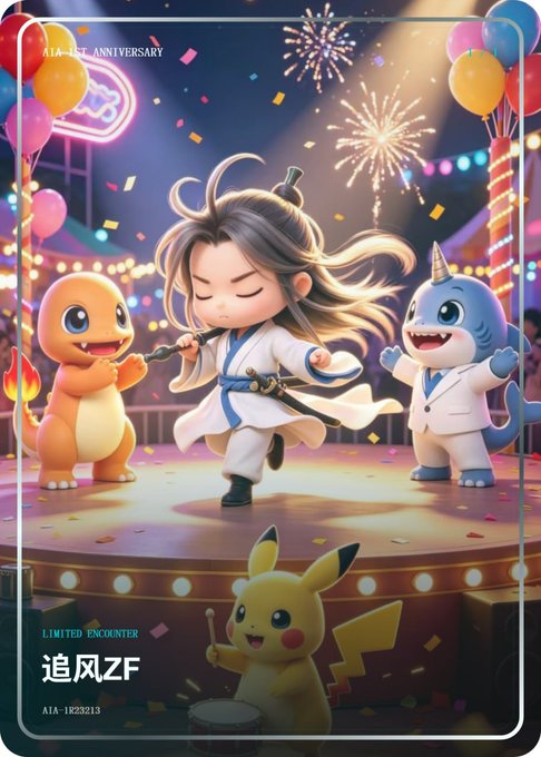 An AI-generated anniversary illustration featuring a character in white robes with Charmander, a shark, and Pikachu on a stage with fireworks and balloons, labeled 'LIMITED ENCOUNTER 追风ZF AIA-1#020313'.