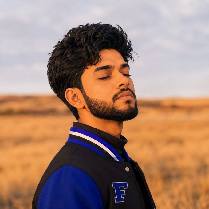 A young man with curly dark hair and a beard, eyes closed, wearing a black and blue varsity jacket with the letter 'F', standing in a golden field under a cloudy sky.