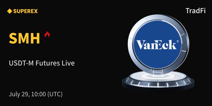 The image is a SuperEx promotional graphic announcing that the VanEck Semiconductor ETF (SMH) USDT-M Futures are now live for trading on July 29 at 10:00 UTC, featuring the Superex and VanEck logos alongside the ticker symbol "SMH."