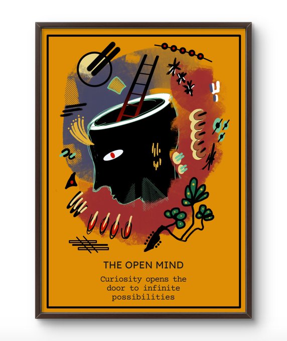 A framed poster with a vibrant orange background features abstract surrealist artwork including a black head-shaped figure with an open top, a ladder, geometric shapes, and plant-like forms, with the text "THE OPEN MIND - Curiosity opens the door to infinite possibilities." The artwork visually embodies the creator's message about exploring curiosity and infinite possibilities, presented as a limited edition NFT piece of 20 Tezos across 10 editions.