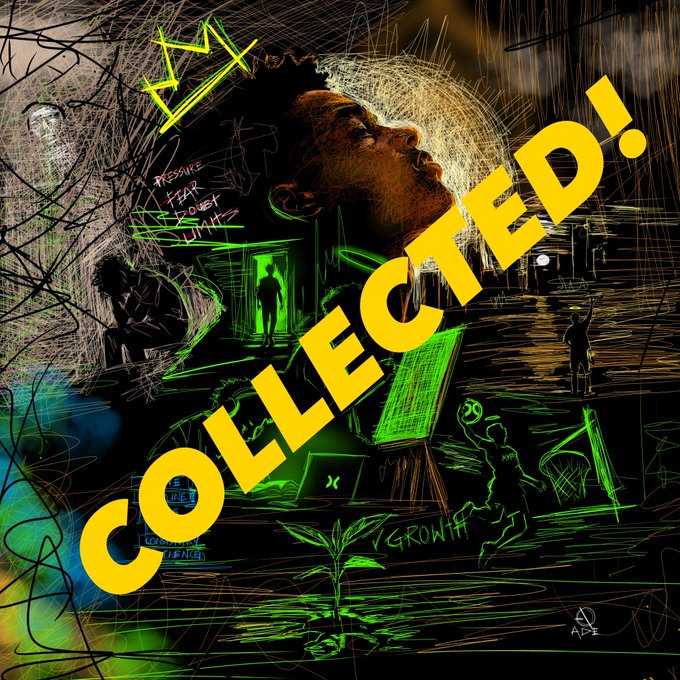 An artistic, sketch-style illustration in green and yellow tones features a central face looking upward, surrounded by doodles and the large bold yellow text "COLLECTED!" overlaid diagonally across the image.