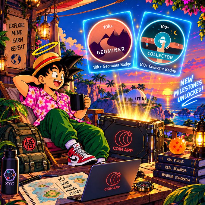 An anime-style promotional graphic features a Goku-like character in a Hawaiian shirt with text including 'EXPLORE MINE EARN REPEAT,' 'GEOMINER,' 'COLLECTOR,' 'NEW MILESTONES UNLOCKED,' and 'COIN APP.'