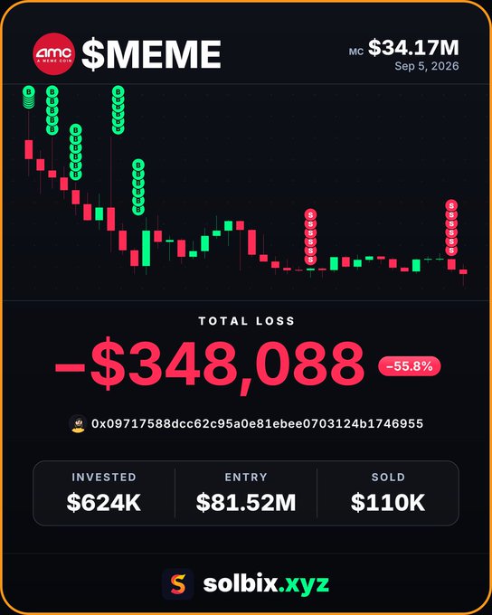The image is an infographic from solbix.xyz showing a candlestick chart of $MEME token, displaying a market cap of $34.17M on Sep 5, 2026, with a total loss of -$348,088 (-55.8%), $624K invested at an $81.52M entry, sold at $110K, and the wallet address 0x09717588dcc62c95a0e81ebee0703124b1746955 — illustrating a devastating unrealized loss that aligns with the post's claim of being down $260,931 on $MEME from the same wallet.