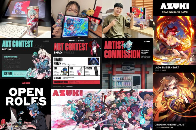 Collage of promotional images for AZUKI Trading Card Game featuring art contests, open roles, and various card artwork including "Lady Emberheart" and "Cinderwake Ritualist".