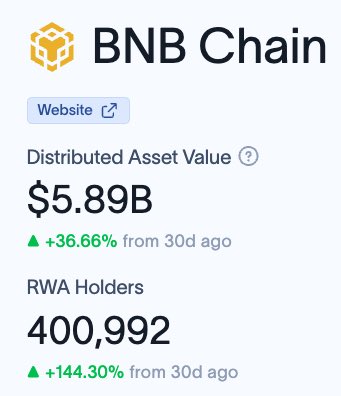 BNB Chain statistics showing a Distributed Asset Value of $5.89B (up 36.66% from 30 days ago) and 400,992 RWA Holders (up 144.30%).
