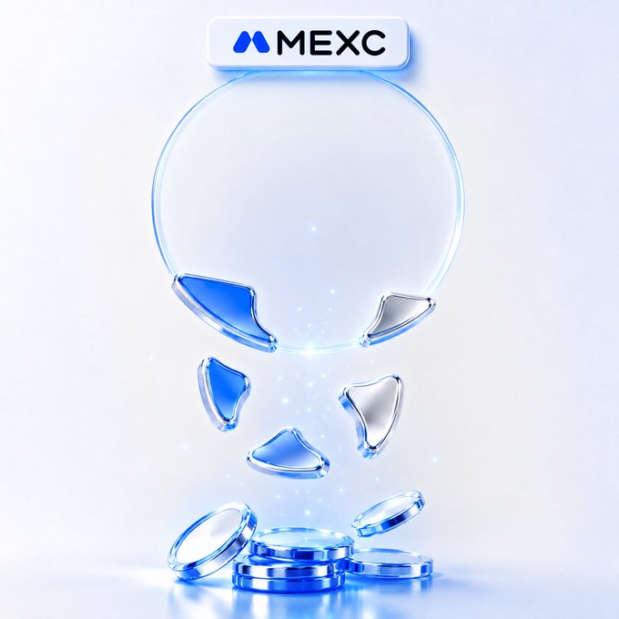 A promotional graphic featuring the MEXC cryptocurrency exchange logo above a glass sphere shattering into blue and clear shards with coins at the bottom.