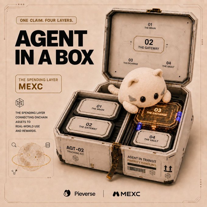 A promotional graphic for "Agent in a Box" by PIEVERSE in partnership with MEXC, featuring a weathered grey storage container labeled "AGT-02 TRACKING KIT" with a cute octopus plush emerging from inside. The container is divided into four labeled compartments: "01 THE BRAIN," "02 THE GATEWAY," "03 THE EXCHANGE" (highlighted in glowing orange to emphasize MEXC's role), and "04 THE VAULT," with the tagline "ONE CLAIM. FOUR LAYERS." and branding noting MEXC as "THE SPENDING LAYER" that connects onchain assets to real-world use.