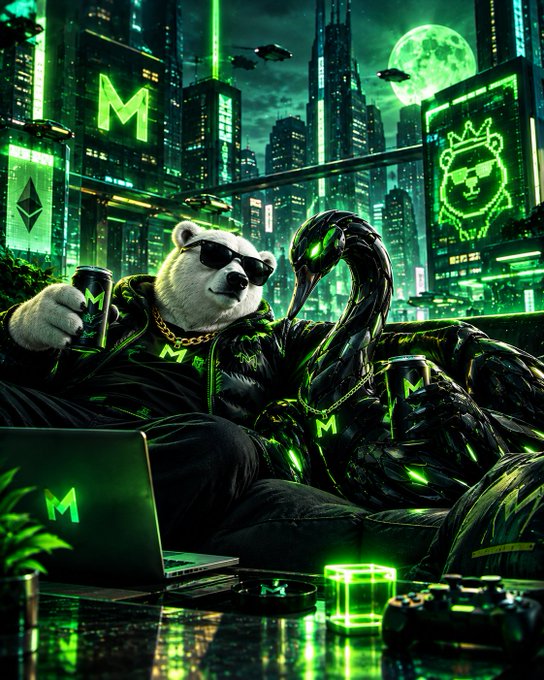A digital artwork featuring a sunglasses-wearing polar bear in a green-lit city, lounging with a cybernetic black swan and holding a can marked with 'M', alongside a laptop displaying the 'M' logo.