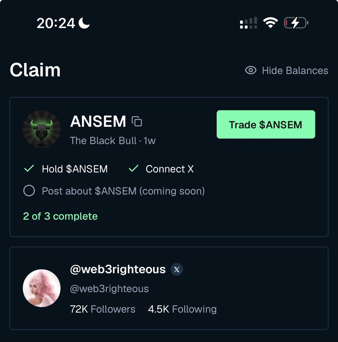 The image shows a claim page for the $ANSEM airdrop ("The Black Bull · 1w"), where 2 of 3 tasks are complete—holding $ANSEM and connecting X—while posting about $ANSEM is still listed as "coming soon," alongside the referral handle @web3righteous (72K followers, 4.5K following) and a "Trade $ANSEM" button. It visually illustrates the in-progress airdrop steps mentioned in the caption for users signing up via bullpen.fi/@web3righteous.