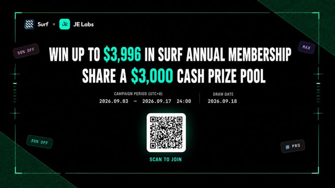 A promotional banner from Surf and JE Labs advertises 'WIN UP TO $3,996 IN SURF ANNUAL MEMBERSHIP' and a '$3,000 CASH PRIZE POOL' with a QR code to scan and join.