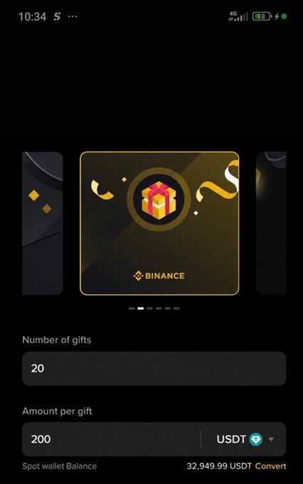 The image shows a Binance gift selection screen with "20" entered as the number of gifts and "200 USDT" set as the amount per gift, displaying a spot wallet balance of 32,949.99 USDT. This visual supports the post's claim of sending 200 USDT gifts to 20 people, showing the transaction setup on Binance where the giveaway is being prepared.