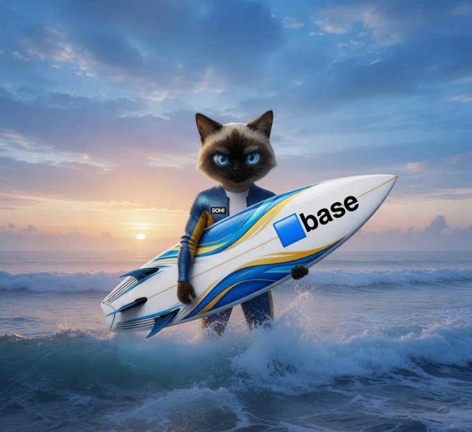 A whimsical image of a Siamese cat with blue eyes wearing a wetsuit, holding a surfboard featuring the "base" logo, walking through ocean waves at sunset.
