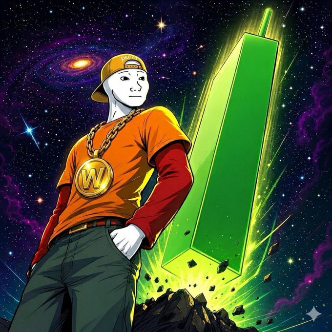 A colorful anime-style illustration of a Wojak character wearing an orange Pepe hat and shirt with a gold 'W' chain medallion, standing confidently in front of a giant glowing green downward arrow on a rocky asteroid with a cosmic galaxy background.
