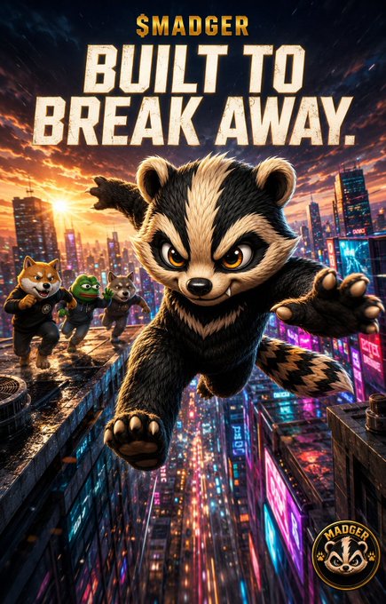 A stylized movie-poster-style illustration with the text '$MADGER BUILT TO BREAK AWAY,' depicting a fierce-looking animal character leaping between skyscrapers in a neon-lit cyberpunk city, followed by other characters.
