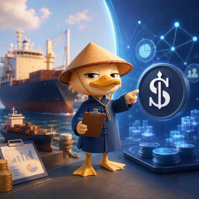 A 3D-rendered anthropomorphic duck character wearing a conical hat and blue tunic, holding a clipboard, pointing at a dollar sign coin, with cargo ships and digital network graphics in the background.