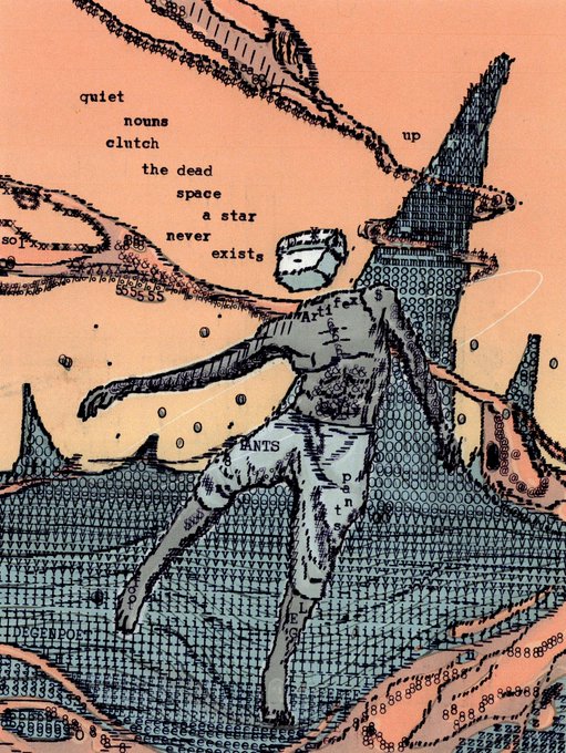 An illustrated artwork featuring a figure floating in a surreal landscape made of patterned shapes, with text reading 'quiet nouns clutch the dead space a star never exists' and words like 'ANTS' and 'paths' integrated into the design.