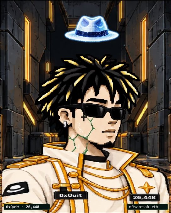 A pixel art portrait of a stylish character with dreadlocks, sunglasses, and a glowing blue fedora halo displays the handle "0xQuit" alongside the ticker "0xQuit • 26,448" and wallet "nftsaresafu.eth." The cyberpunk aesthetic and prominent branding visually reinforce the post's celebration of the "Bought one for the culture" NFT purchase.