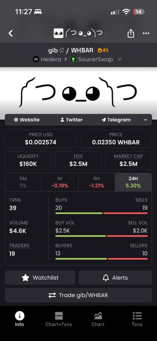 A crypto token tracking app screen showing the token 'gib' (gib/WHBAR) on the Hedera network via SaucerSwap V1, priced at $0.002574 with a $160K liquidity and $2.5M market cap.
