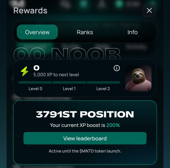 Rewards screen from a mobile app showing "NOOB" rank, Level 0 with 5,000 XP needed for the next level, and 3791st position with a 200% XP boost.