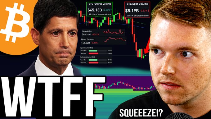 The image shows a YouTube thumbnail featuring two men alongside Bitcoin candlestick charts displaying key metrics: BTC Futures Volume at $65.13B (down 2.57%) and BTC Spot Volume at $5.19B (down 0.53%), with additional data showing 346.14M in liquidations (down 50.47%), 141,600 in Open Interest (down 6.39%), and a Bitcoin logo in the corner. Bold text reads "WTFFF" and "SQUEEEZE?!", matching the post's alarming tone about a potential Bitcoin liquidation wipeout event.
