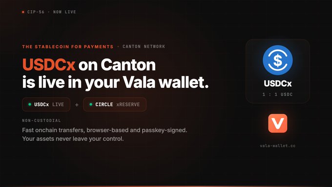 A promotional graphic announces 'USDCx on Canton is live in your Vala wallet,' featuring USDCx and Circle xReserve badges, the Vale wallet 'V' logo, and text noting 'CIP-56 NOW LIVE' and '1 : 1 USDC' with the URL vala-wallet.cc.