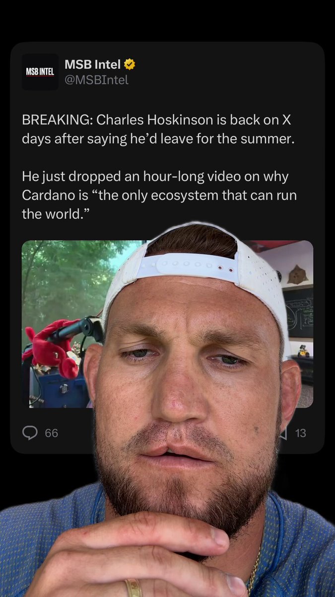 The image shows a man wearing a blue shirt with his chin resting on his hand, looking down at his phone screen. The caption of the image reads "So @IOHK_Charles has come back on X just a few days after he said he was taking a break for the summer! This might have just marked the bottom of #ADA which prove my point!".