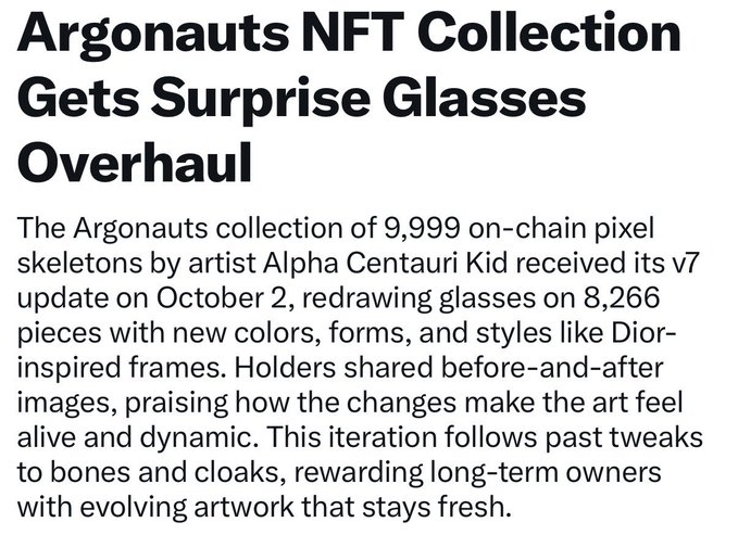An article headline reading 'Argonauts NFT Collection Gets Surprise Glasses Overhaul,' describing the v7 update to artist Alpha Centauri Kid's 9,999 on-chain pixel skeletons with new styles like Dior-inspired frames.
