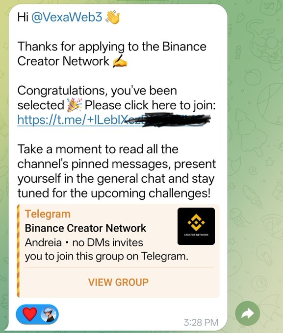 A Telegram message congratulating @VexaWeb3 on being selected for the Binance Creator Network, with an invitation link to join the group on Telegram.