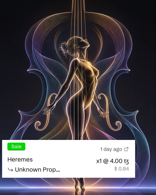 The image displays an artwork of a female figure integrated with a musical instrument design, accompanied by metadata indicating it is for sale. According to the accompanying post, it's a recent sale. Additionally, the artist expresses gratitude to the buyer for continuing the artwork's story through them, which relates to the image by showcasing how art can be shared and appreciated by collectors.