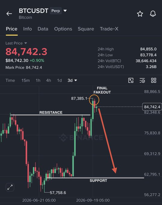 A Binance BTCUSDT perpetual futures chart shows Bitcoin trading at $84,742.3 (down slightly after touching the $87,385.1 "FINAL FAKEOUT" high), with an arrow projecting a sharp drop from resistance toward support at $62,795.1—illustrating the post's claim of a bull trap targeting liquidations before a longer-term move toward $90K+.
