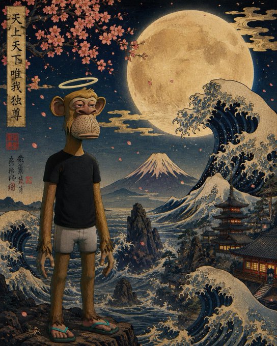 A digital artwork featuring an anthropomorphic monkey wearing a black t-shirt, shorts, and flip-flops with a halo, set against a Japanese ukiyo-e style background with a large moon, cherry blossoms, Mount Fuji, and crashing waves.
