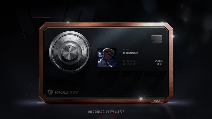 A promotional image for VAULT777 showing a metallic card with a combination dial, featuring the handle '@dexonchain' and 'BRONZE' tier designation.