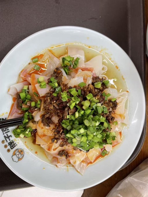 The image features a white plate filled with noodles covered in green onions and other ingredients such as meat and vegetables. The dish appears to be a type of Chinese noodle soup, which has been described as "very tasty" by some people. The plate is placed on a dining table, ready for consumption.