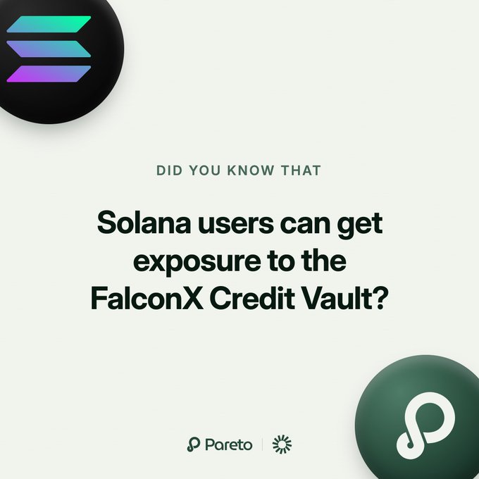 A social media graphic asking 'DID YOU KNOW THAT Solana users can get exposure to the FalconX Credit Vault?' with logos for Solana and Pareto.