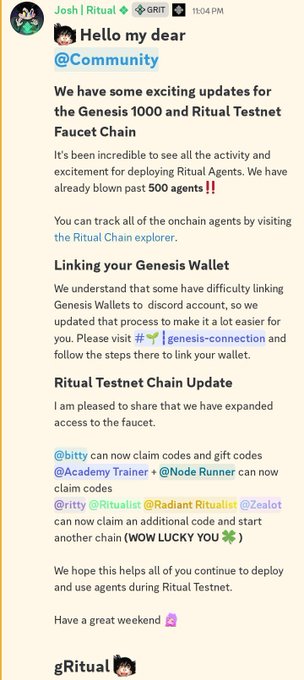 A Discord announcement from Ritual's "Josh" announces updates to the Genesis 1000 and Ritual Testnet Faucet Chain, highlighting that 500+ agents have been deployed. The post mentions expanded faucet access for roles like @bitty, @Academy Trainer, @Node Runner, @ritty, @Ritualist, @Radiant Ritualist, and @Zealot, with a special "WOW LUCKY YOU" bonus code—directly supporting the celebration of surpassing 500 deployed agents.