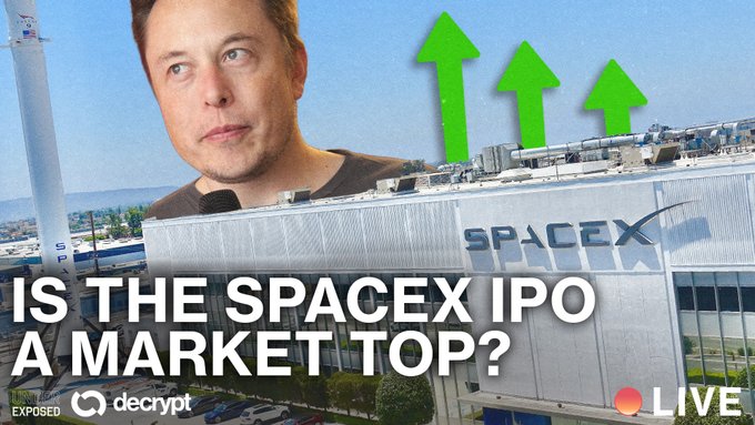 The image features an advertisement for a company named "SpaceX" that has been described as having a market top or IPO status, which means they are currently trading stocks on the stock exchange. The advertisement also includes a man's face with a speech bubble containing the question "Is the SpaceX IPO a market top?". This suggests that there might be some discussion about the company's current financial situation and its potential impact on the stock market.