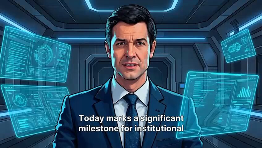 The image features an illustration of a man wearing a suit, standing in front of a computer screen displaying a message that reads "Today marks a significant milestone for institutional investors". The man appears to be looking directly at the camera with a serious expression on his face.