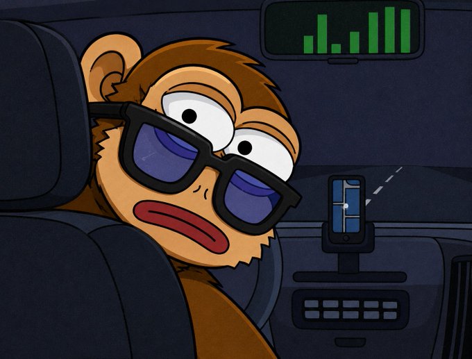 A cartoon illustration of a brown monkey wearing blue sunglasses, sitting in a car with a concerned expression, next to a phone displaying a map navigation app.